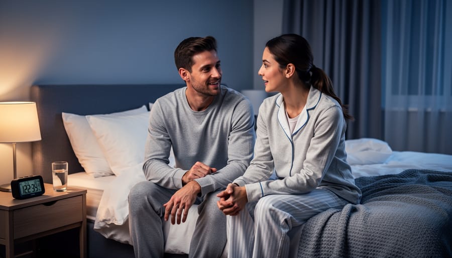 Couple having supportive conversation about sleep while sitting together on bed