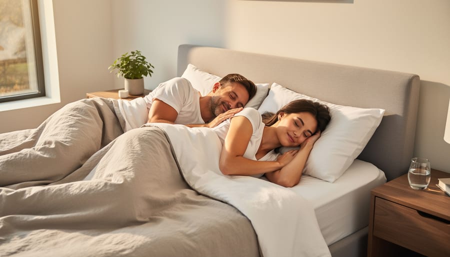 Couple sleeping peacefully together in bed under white duvet