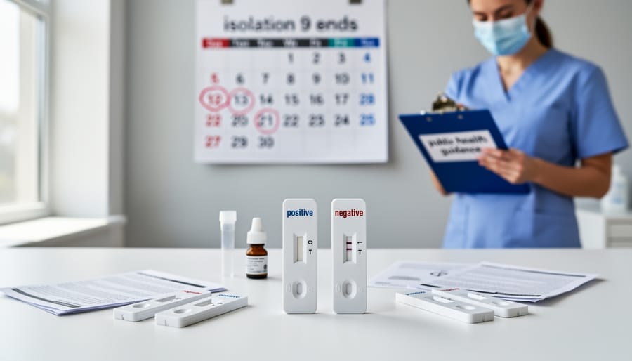 COVID-19 rapid antigen test kit with test cassette and nasal swab on medical surface