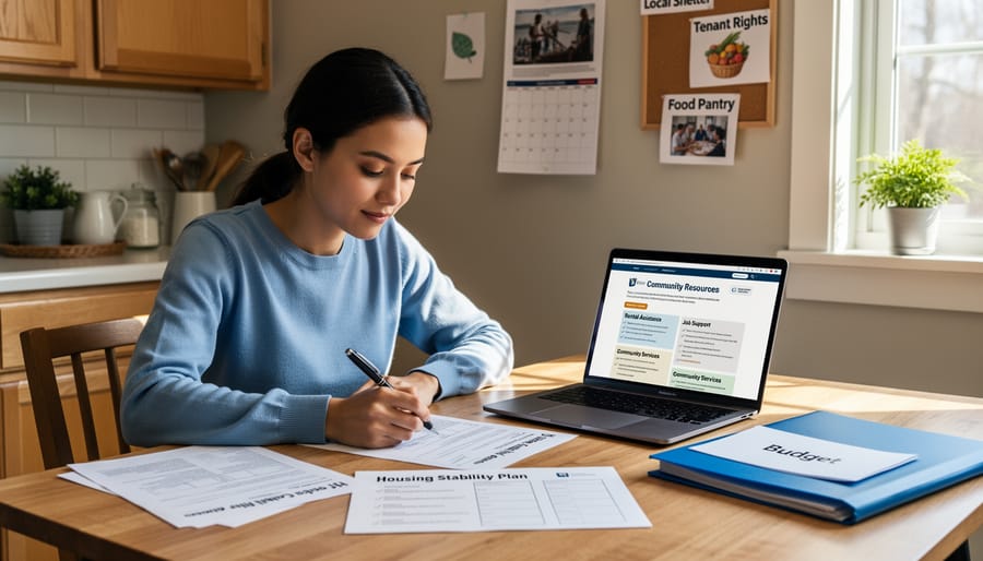Person writing in journal while planning housing stability goals at organized desk