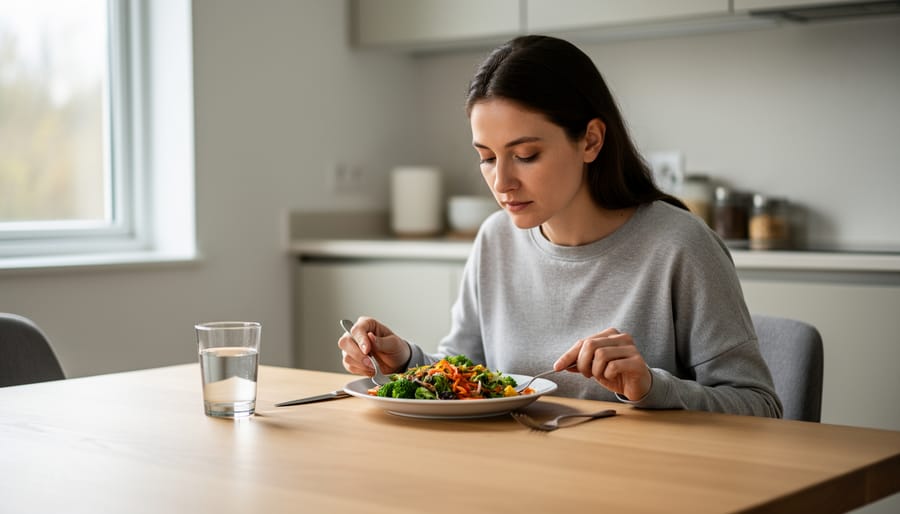 Overhead view of simple breakfast setting without distractions for mindful eating