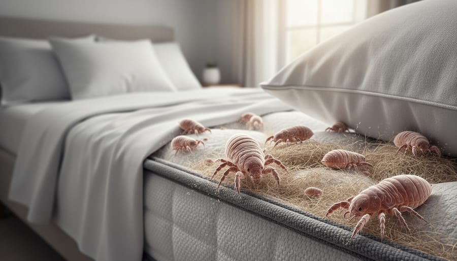 Macro view of pillow fabric showing dust and allergen accumulation where dust mites live