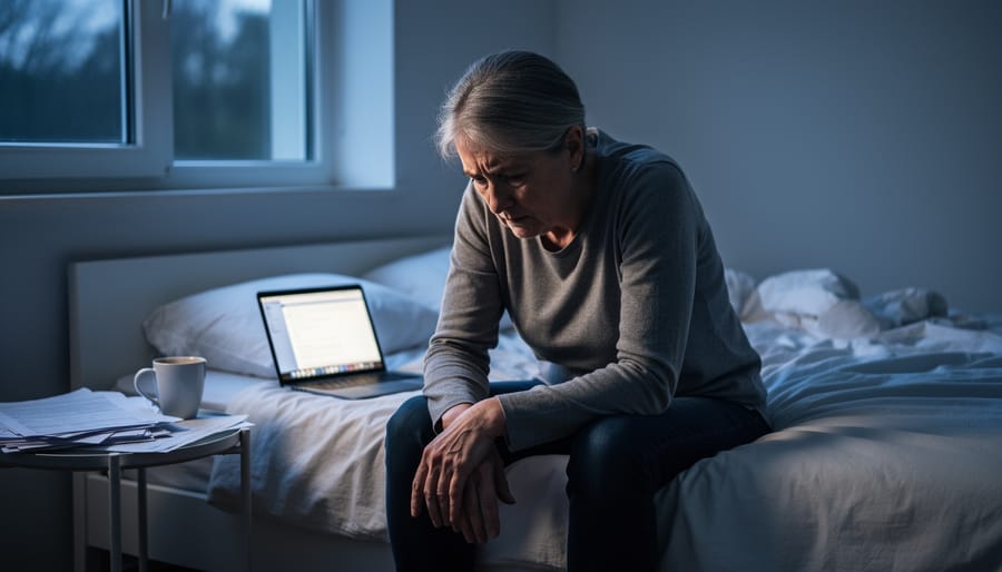 Exhausted office worker resting head on desk in modern workplace