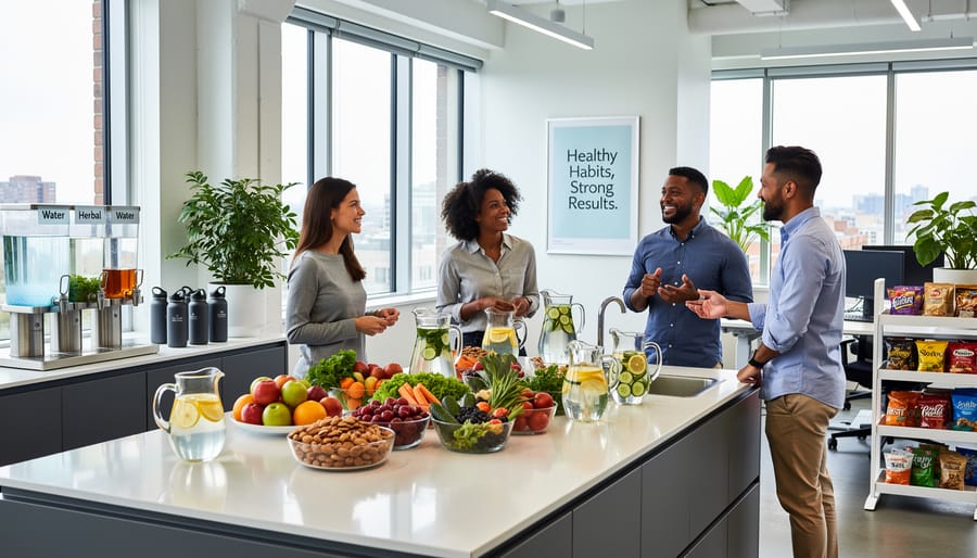 Organized kitchen counter with healthy food, exercise equipment, and wellness tools