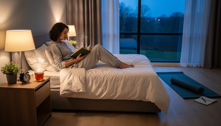 Hands holding tea mug with journal in cozy evening setting