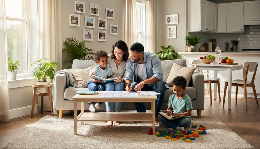 Family settling into stable housing with moving boxes in bright apartment