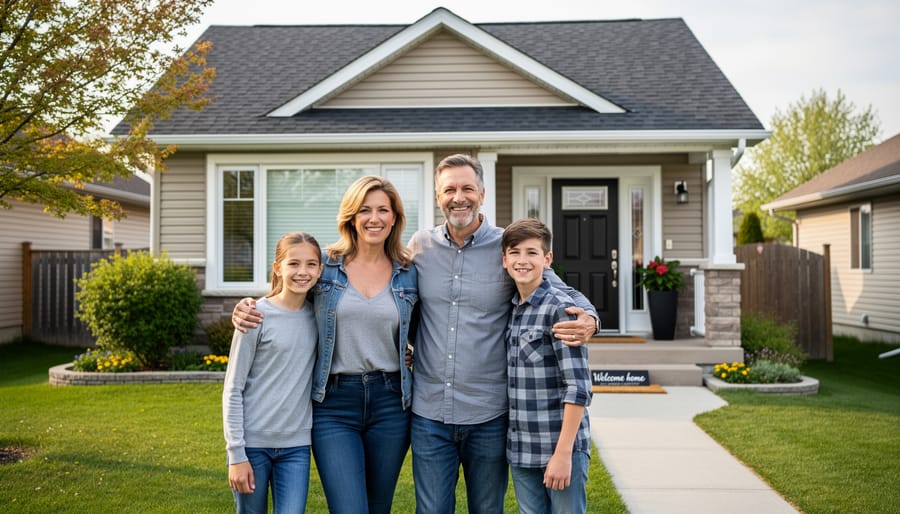 Happy diverse Canadian family settling into their new stable housing with natural lighting