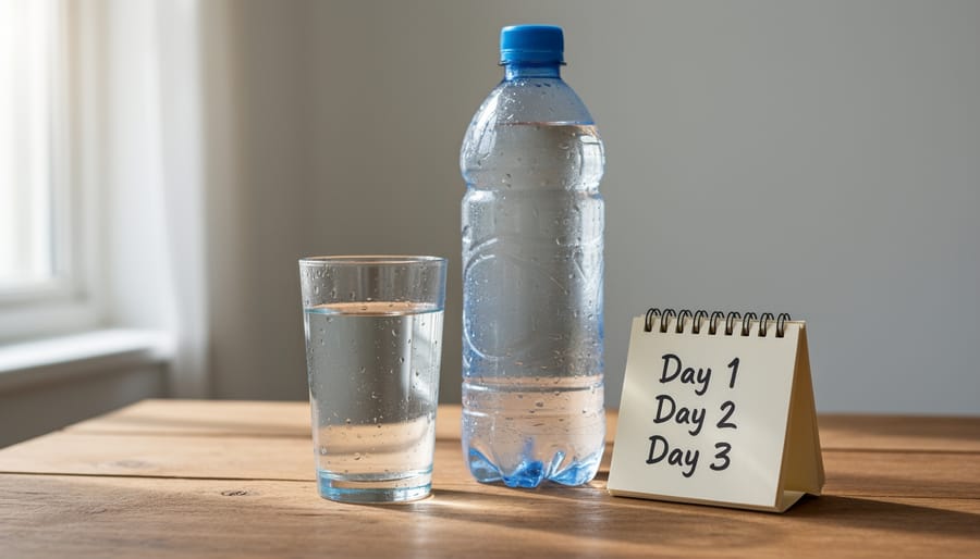 Glass of water with ice on wooden table next to clock