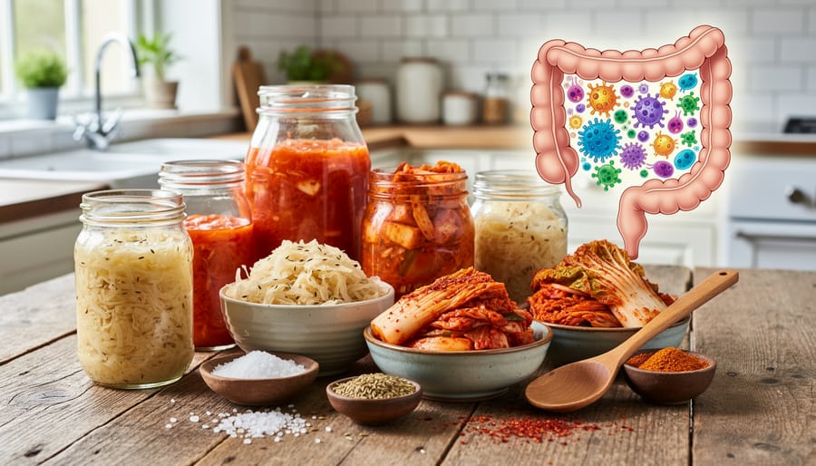 Close-up of fermented sauerkraut in glass jar with wooden fork