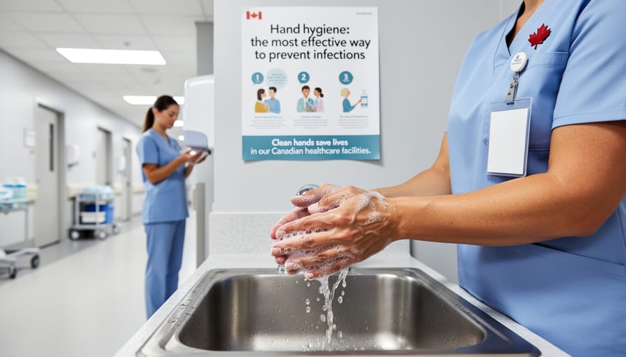 Healthcare worker applying hand sanitizer from wall dispenser in hospital corridor