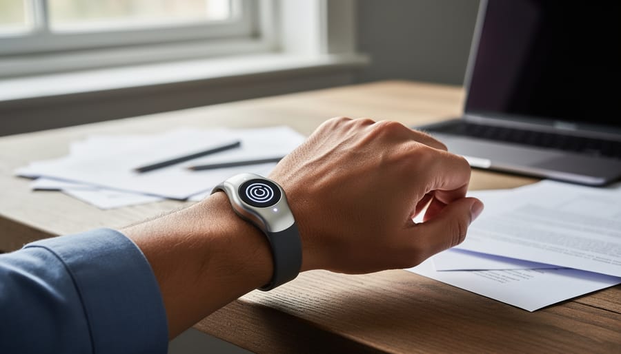 Person wearing specialized haptic feedback wearable device on wrist in relaxed position
