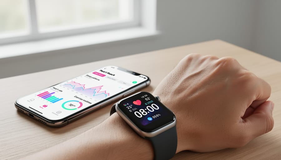 Person holding smartphone showing health tracking app with fitness data