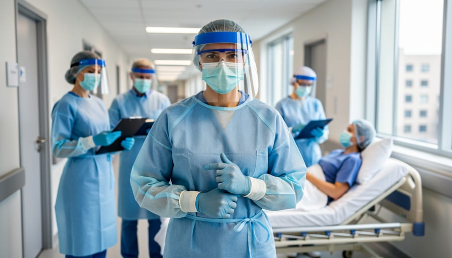Nurse wearing complete personal protective equipment in hospital setting