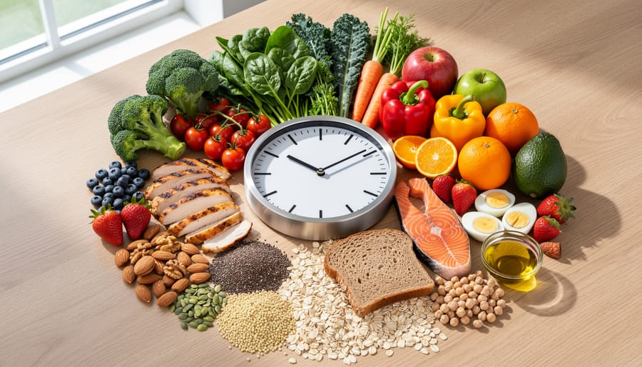 Balanced healthy meal with salmon, vegetables, and whole grains on white plate