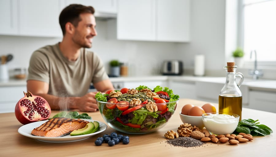 Balanced meal with salmon, avocado, nuts, and vegetables on wooden table