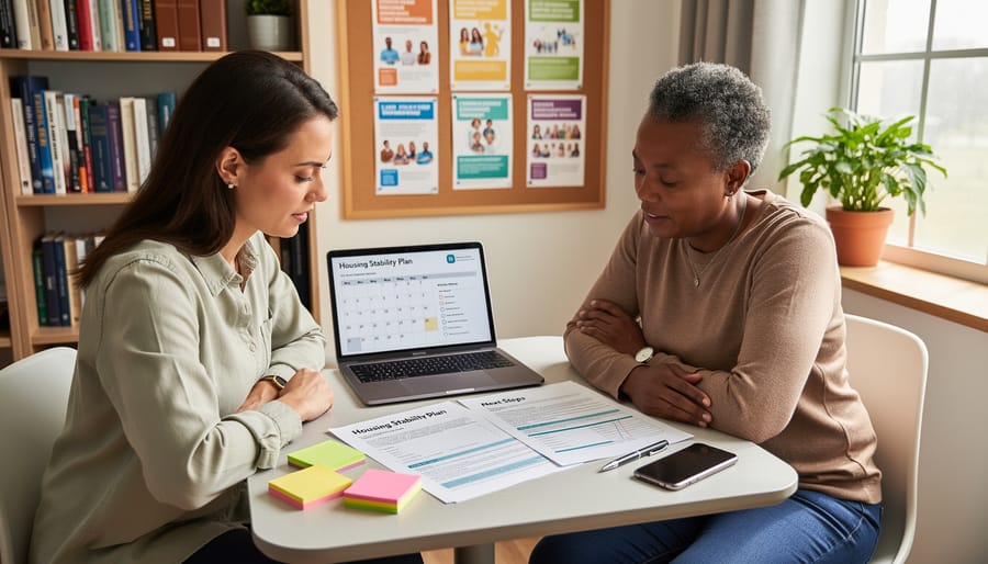 Housing counselor meeting with client to discuss housing stability plan