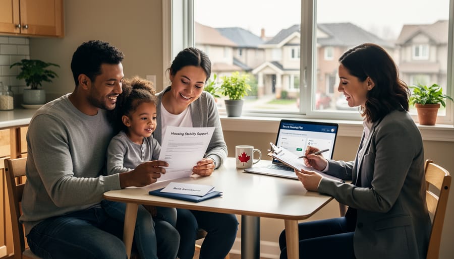 Support worker meeting with housing program participant at kitchen table