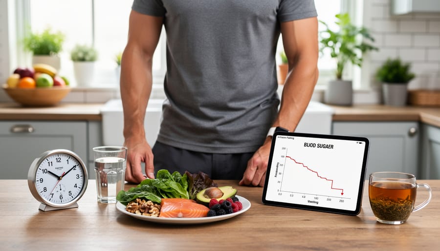Diabetes testing equipment and fresh vegetables representing metabolic health
