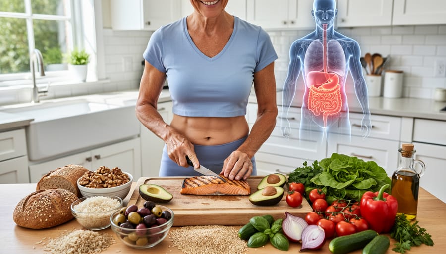 Healthy Mediterranean diet meal with salmon, vegetables, and whole grains on white plate