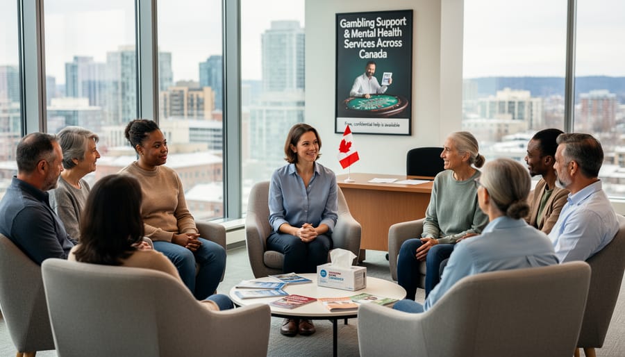 Small group of people in supportive conversation during counseling session