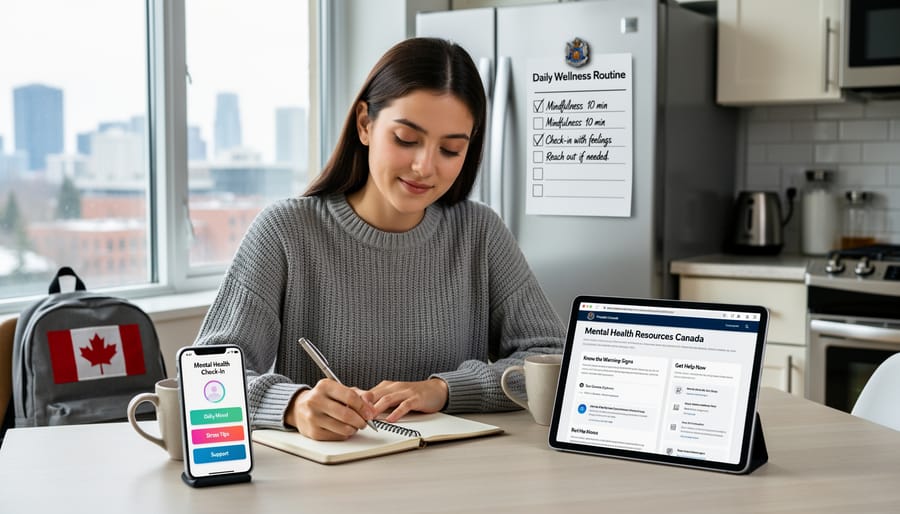 Person maintaining mental wellness routine with journal and smartphone at peaceful home workspace