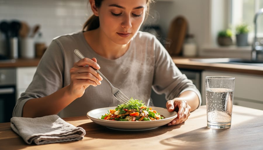 Person mindfully eating apple with eyes closed in contemplation