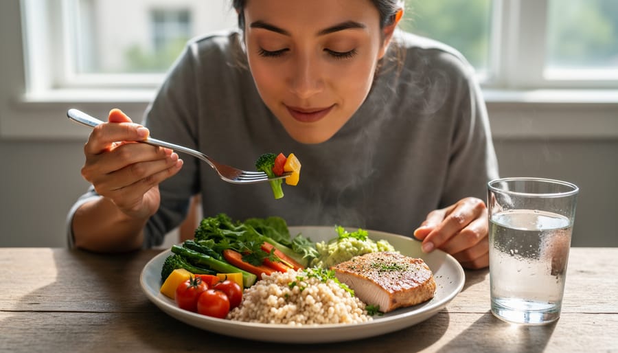 Hands holding bowl of fresh vegetables demonstrating mindful eating practice
