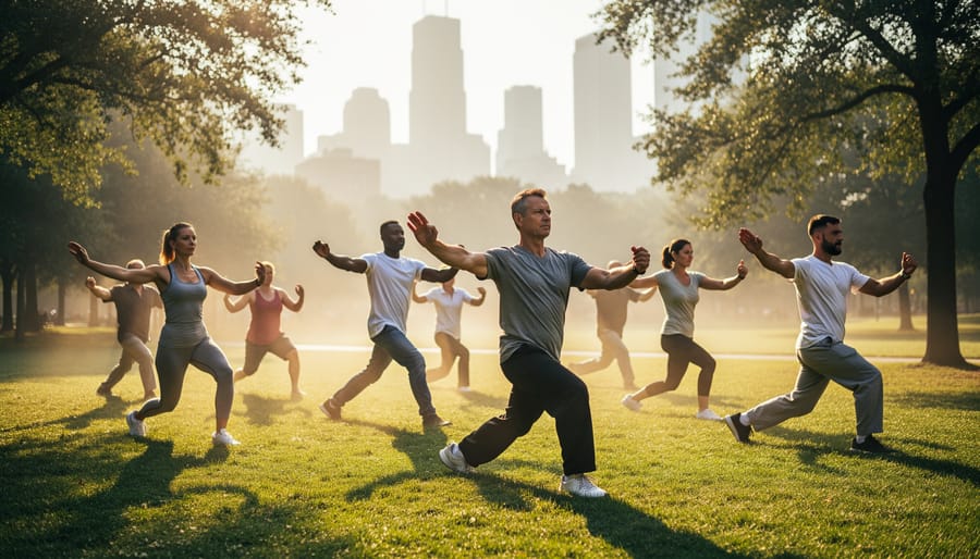 Woman practicing tai chi with focused, peaceful expression in natural indoor lighting