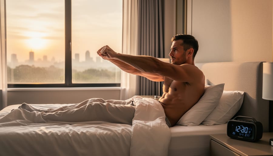 Man checking fitness tracker in bedroom during early morning hours