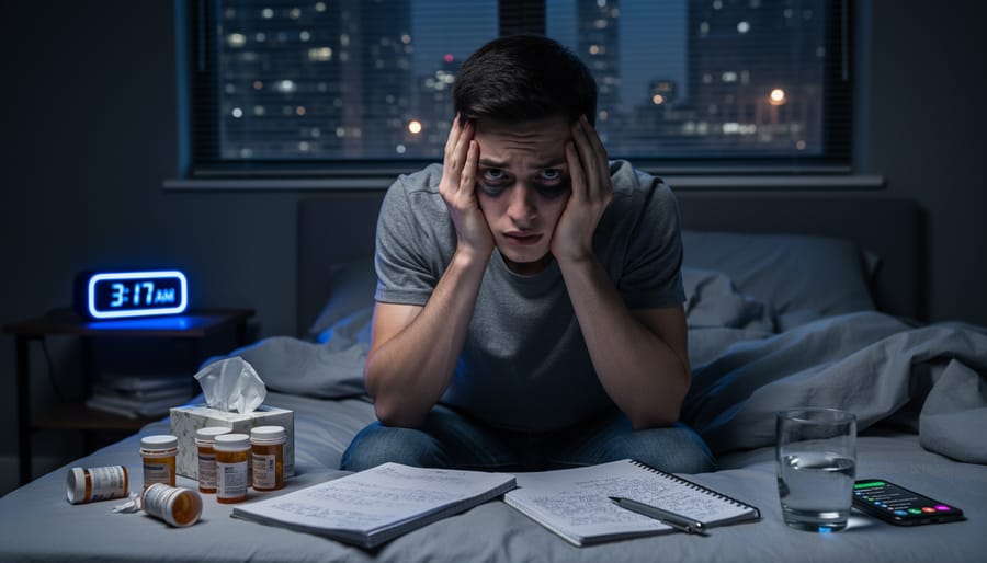 Person sitting on bed edge in dark bedroom experiencing insomnia distress