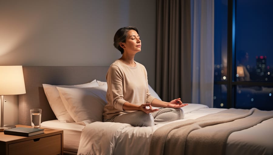 Person practicing calming breathing exercise on bed in peaceful bedroom