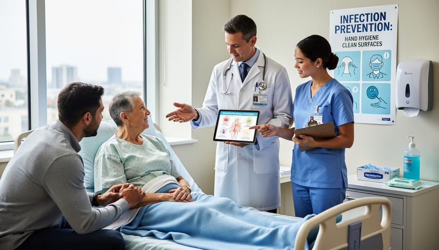 Patient and family member discussing care plan with healthcare provider in hospital room