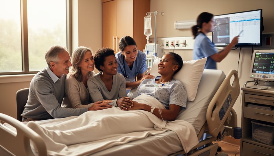Cancer patient with family member providing support during hospital treatment