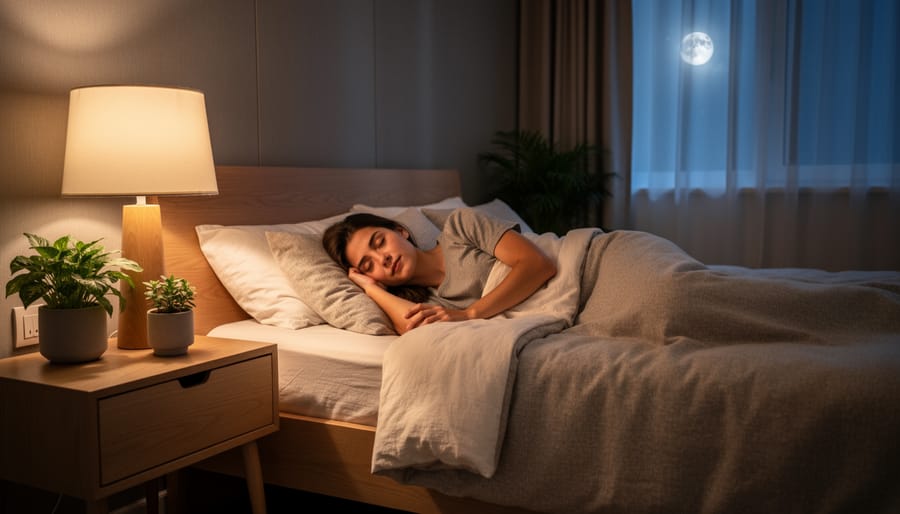 Person sleeping peacefully in comfortable bedroom with natural morning light
