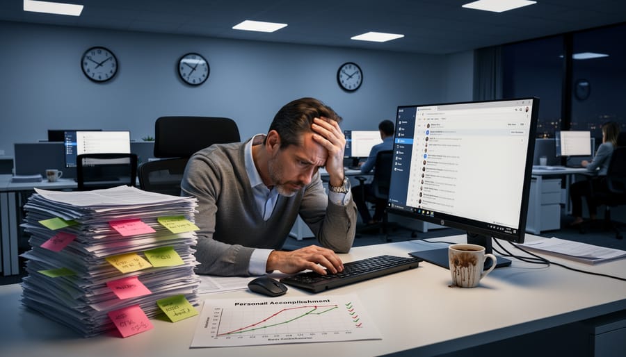 Frustrated professional with head in hands surrounded by unfinished work and crumpled papers