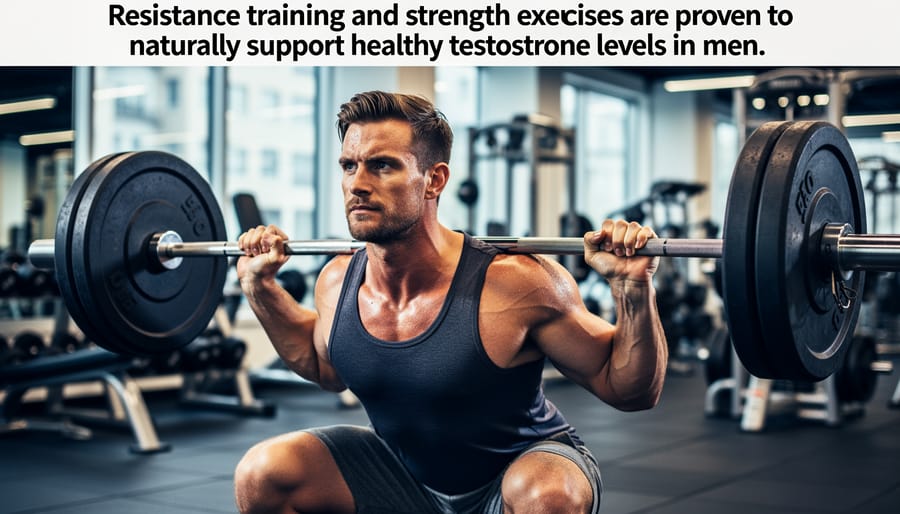 Man performing strength training exercise with barbell in gym