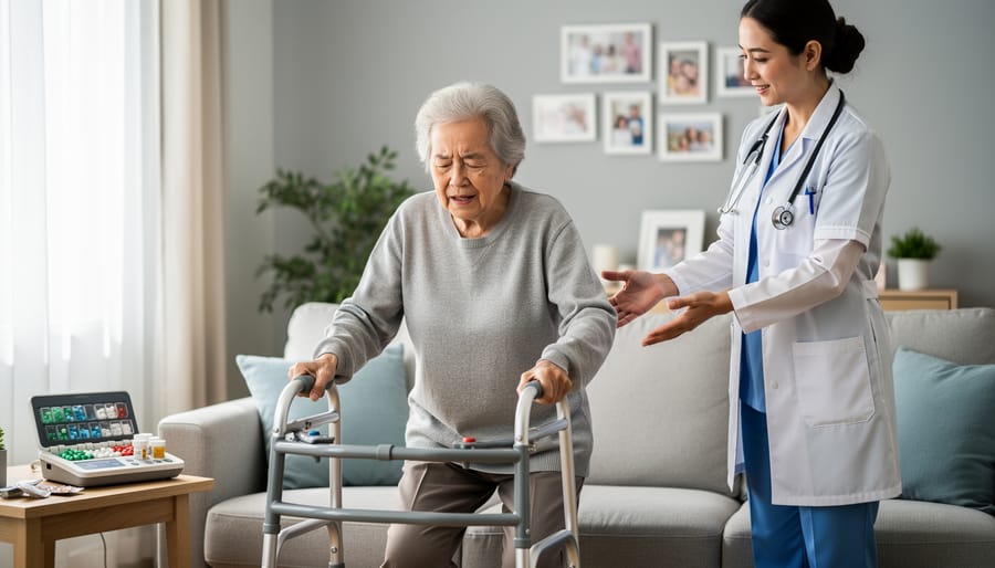 Senior man using walker for mobility support in home environment