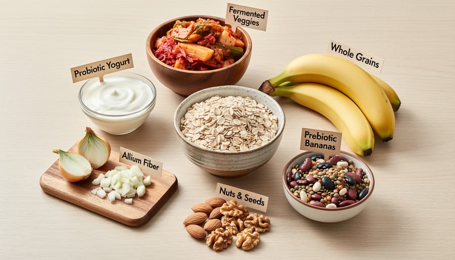 Overhead view of seven gut-healthy foods including yogurt, fermented vegetables, whole grains, legumes, bananas, garlic and onions, and leafy greens arranged on wooden board