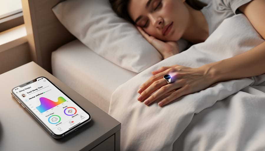 Close-up of smart ring on person's finger on bedside table in bedroom setting