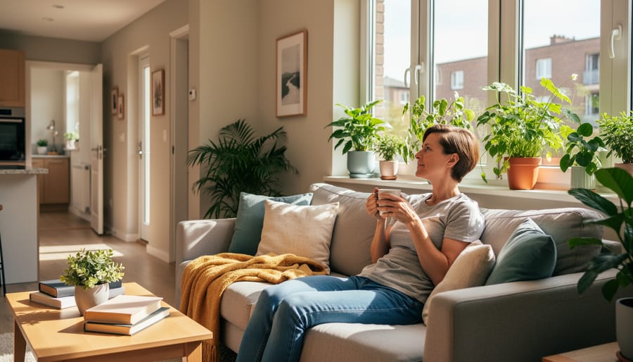 Person relaxing comfortably at home in sunlit living room