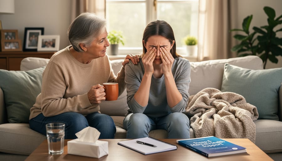 Two people having supportive conversation about mental health concerns on couch