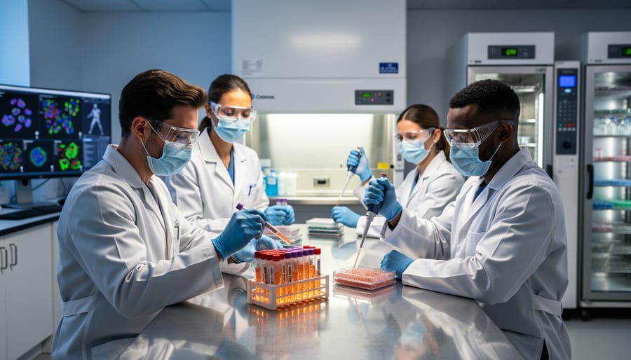 Healthcare professionals examining cell cultures in modern medical laboratory