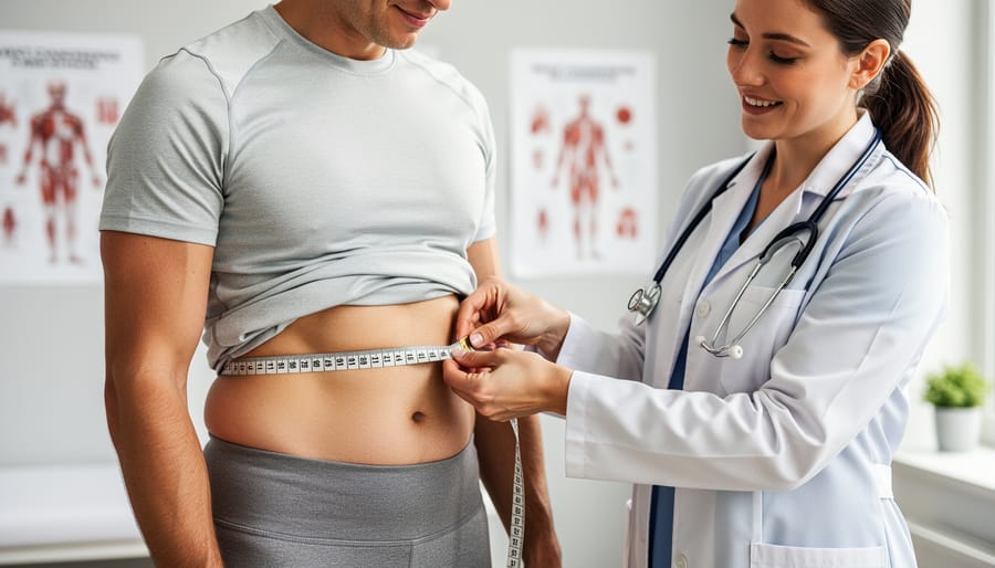 Healthcare provider measuring patient's waist circumference with measuring tape