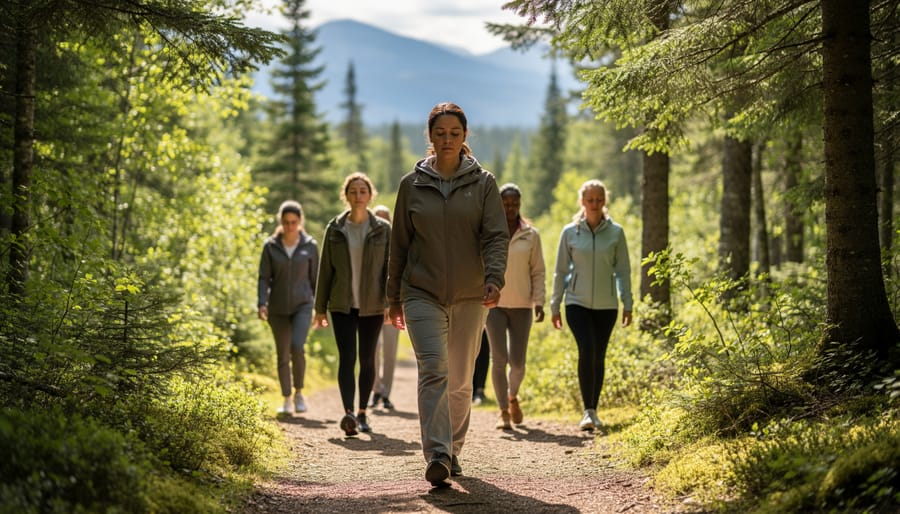 Senior person walking mindfully on forest trail surrounded by autumn leaves