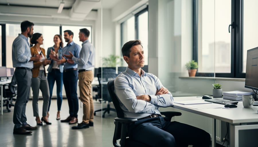 Office worker sitting isolated and detached from team collaboration in background
