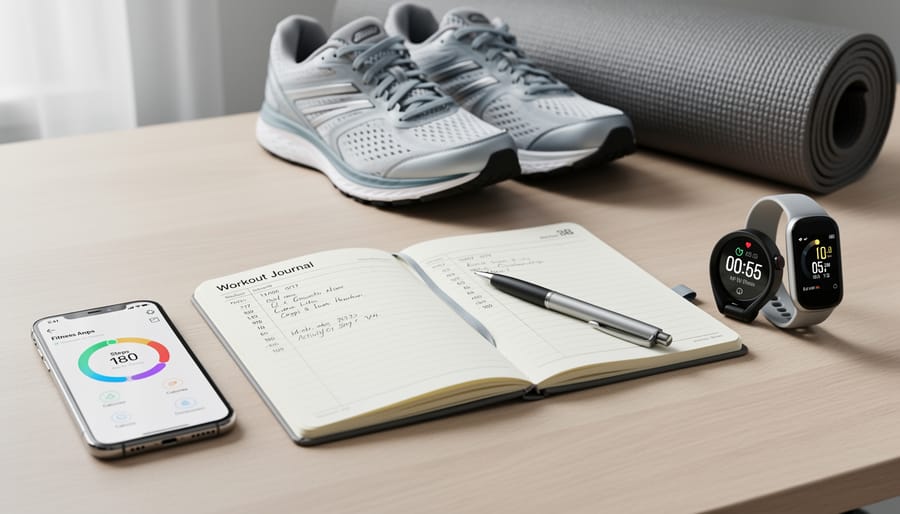 Person writing in journal with fitness tracker and smartphone on wooden table