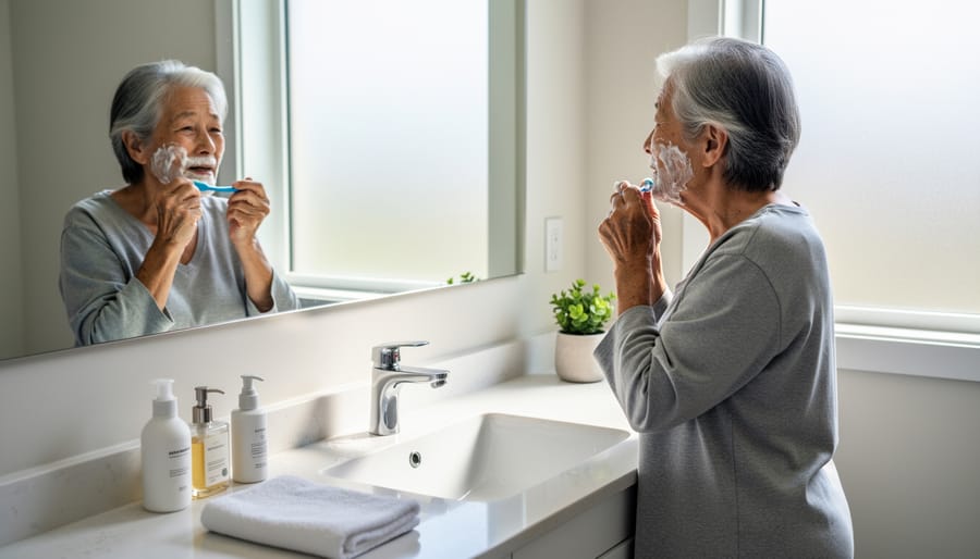 Senior woman independently completing morning self-care routine in bright bathroom