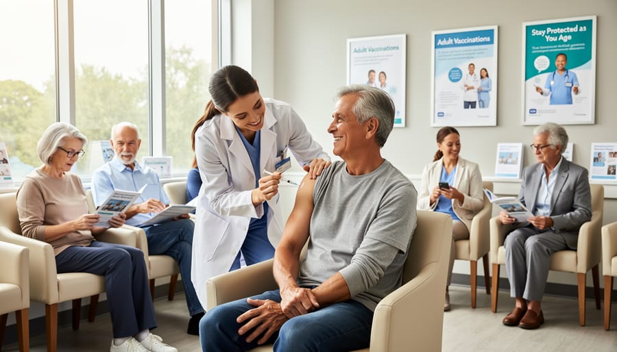 Healthcare provider preparing vaccine syringe with medical supplies