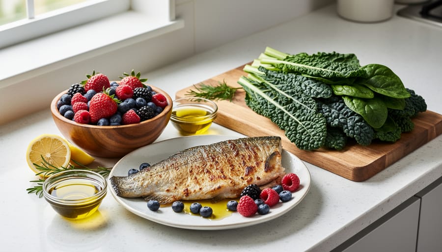 Healthy anti-inflammatory meal with salmon, vegetables, berries and nuts on wooden table