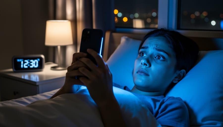 Person in bed at night surrounded by glowing electronic devices emitting blue light